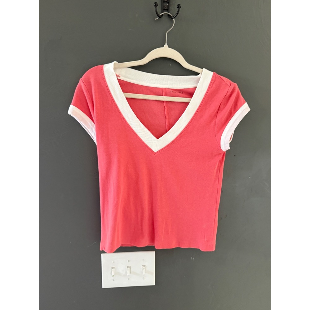 Pilcro Womens Coral Pink Ribbed V-Neck Ringer Tee Short Sleeve Top Small